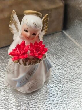 Vintage December Birthday Angel - 1950s MCM Lefton Girl Holding Poinsettias